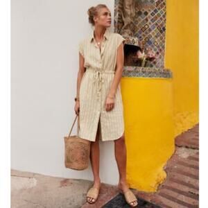 Rhythm. Jamaica Striped Shirt Dress sz M Green White 100% Cotton Waist Defined